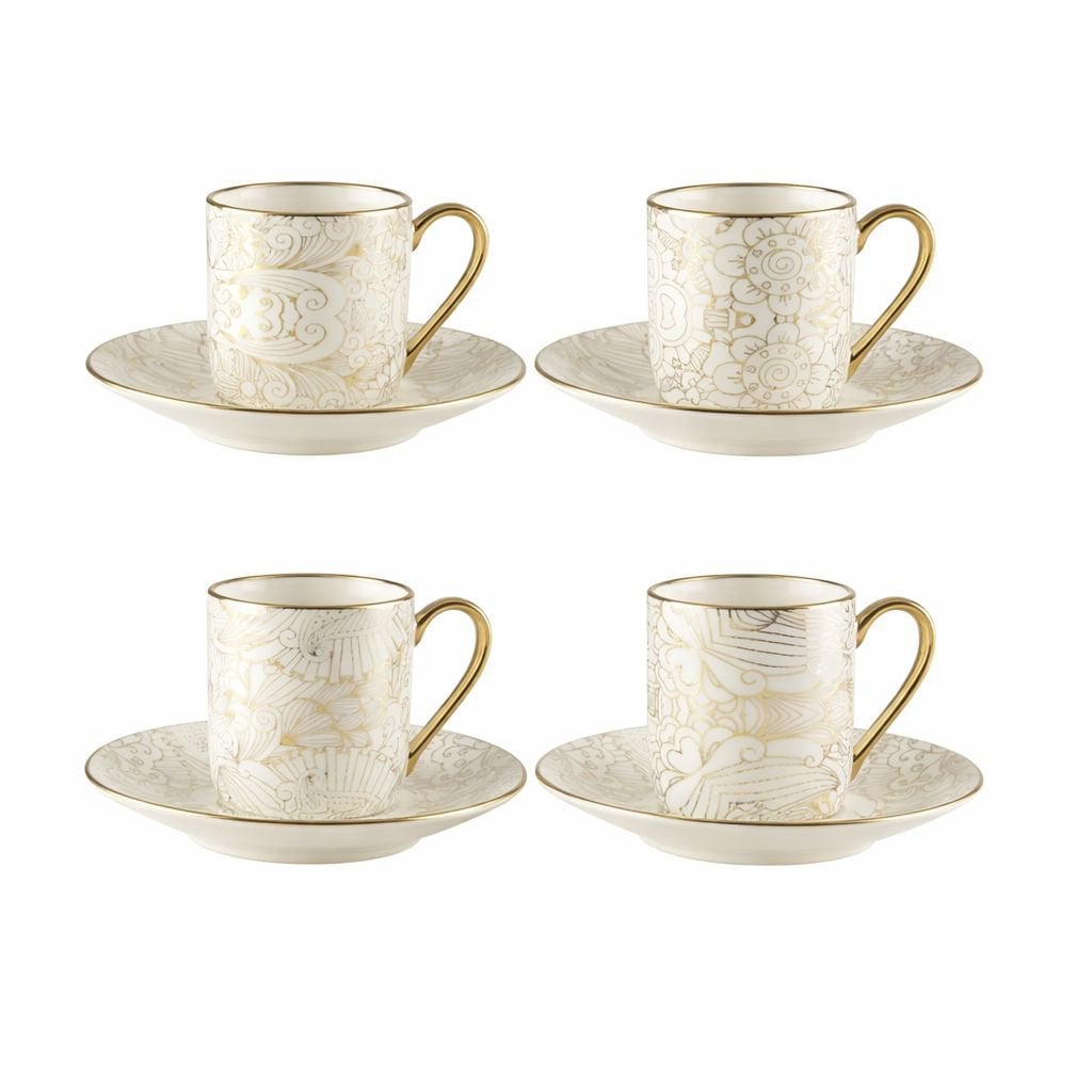 Tasses à café avec soucoupes blanches design abstrait - lot de 4