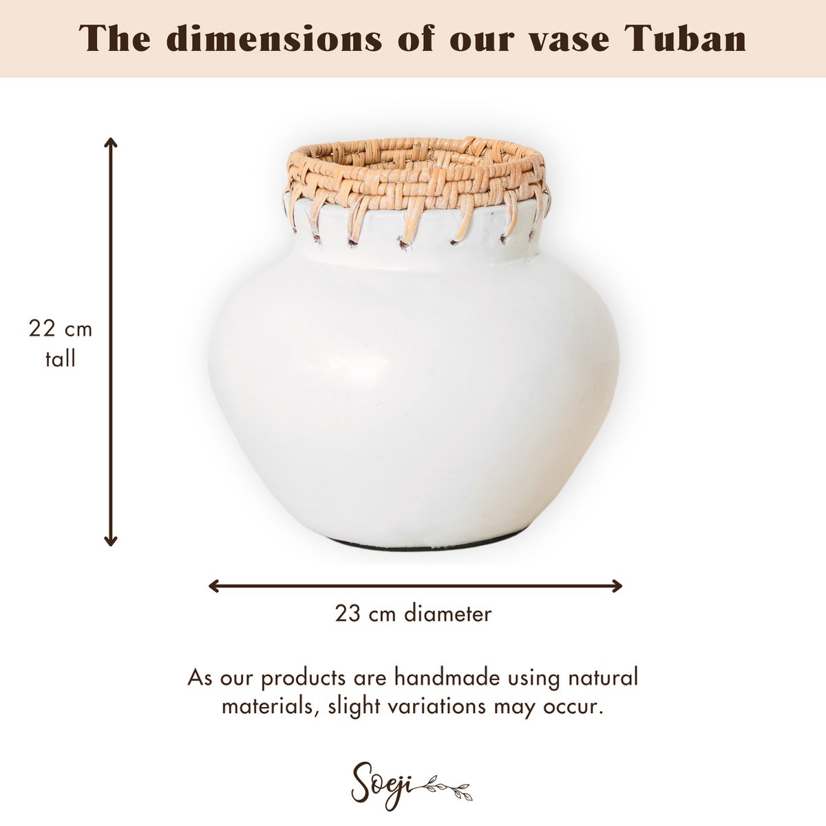 Vase blanc – Vase décoratif rond – Petit vase pour fleurs séchées – Vase en argile fait main – Vase à fleurs en argile et rotin (Ø 23 cm) TUBAN