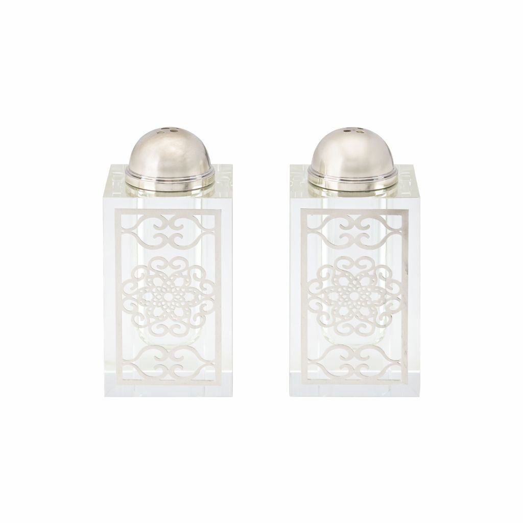 Salière et poivrière façon cristal arabesque argent