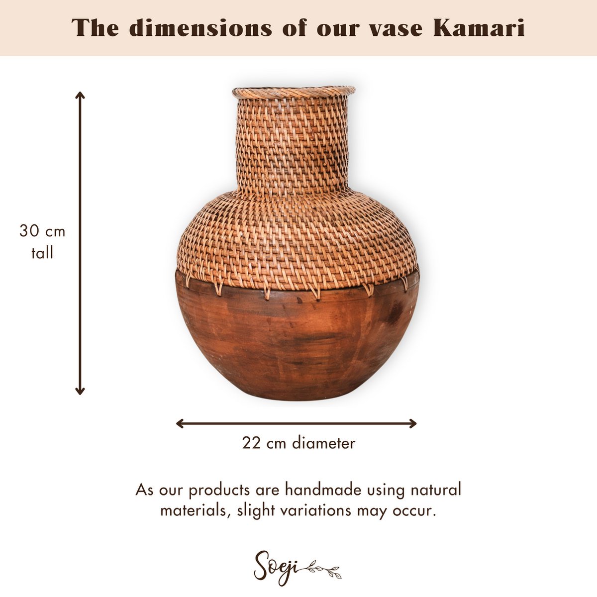 Vase en rotin – Vase en bois – Vase pour fleurs séchées – Petit vase en rotin – Vase décoratif bohème en rotin tressé et bois (Ø 22 cm) KAMARI marron