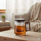 Mug en verre avec filtre, couvercle et anse en bois 9.5x13.5x11.5cm