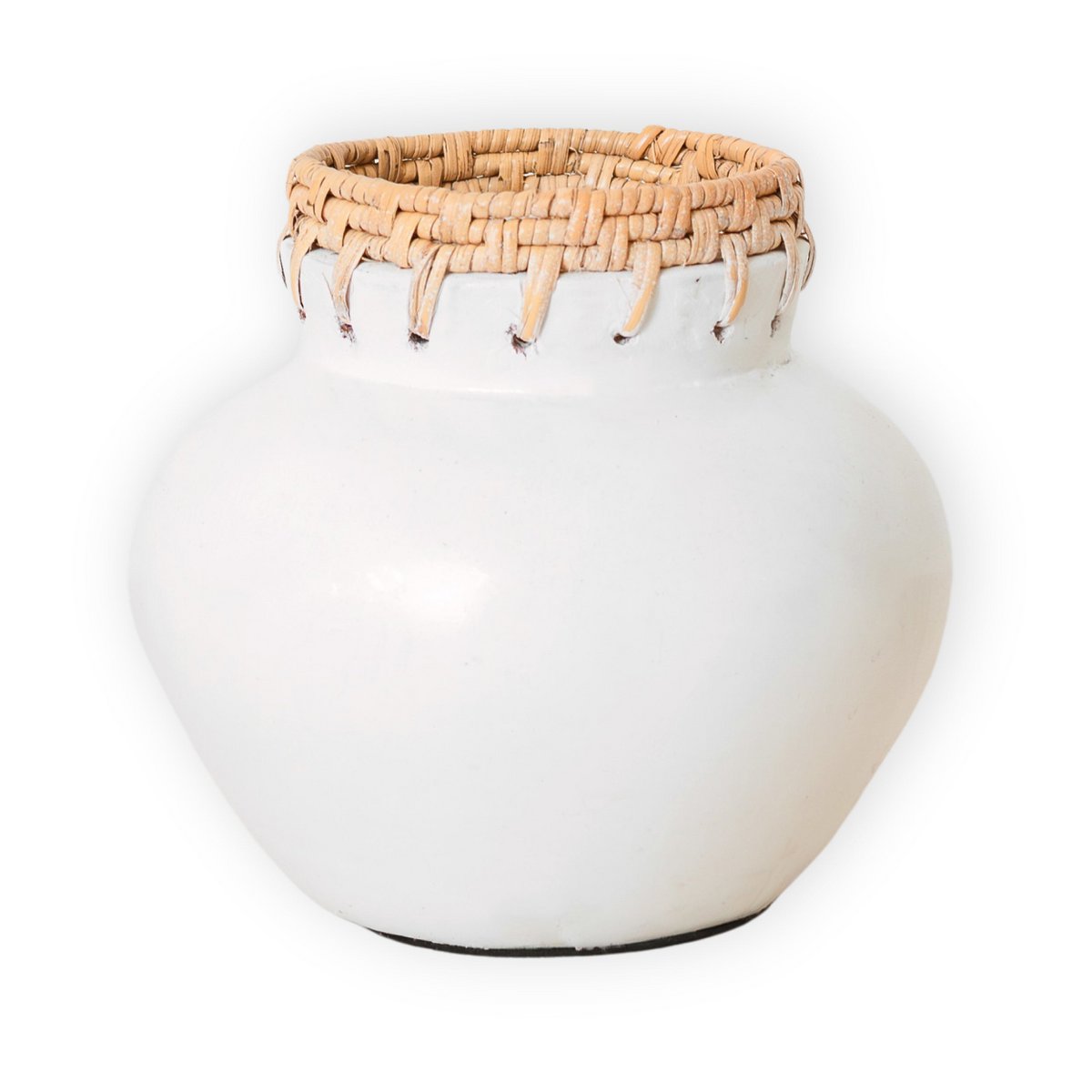 Vase blanc – Vase décoratif rond – Petit vase pour fleurs séchées – Vase en argile fait main – Vase à fleurs en argile et rotin (Ø 23 cm) TUBAN