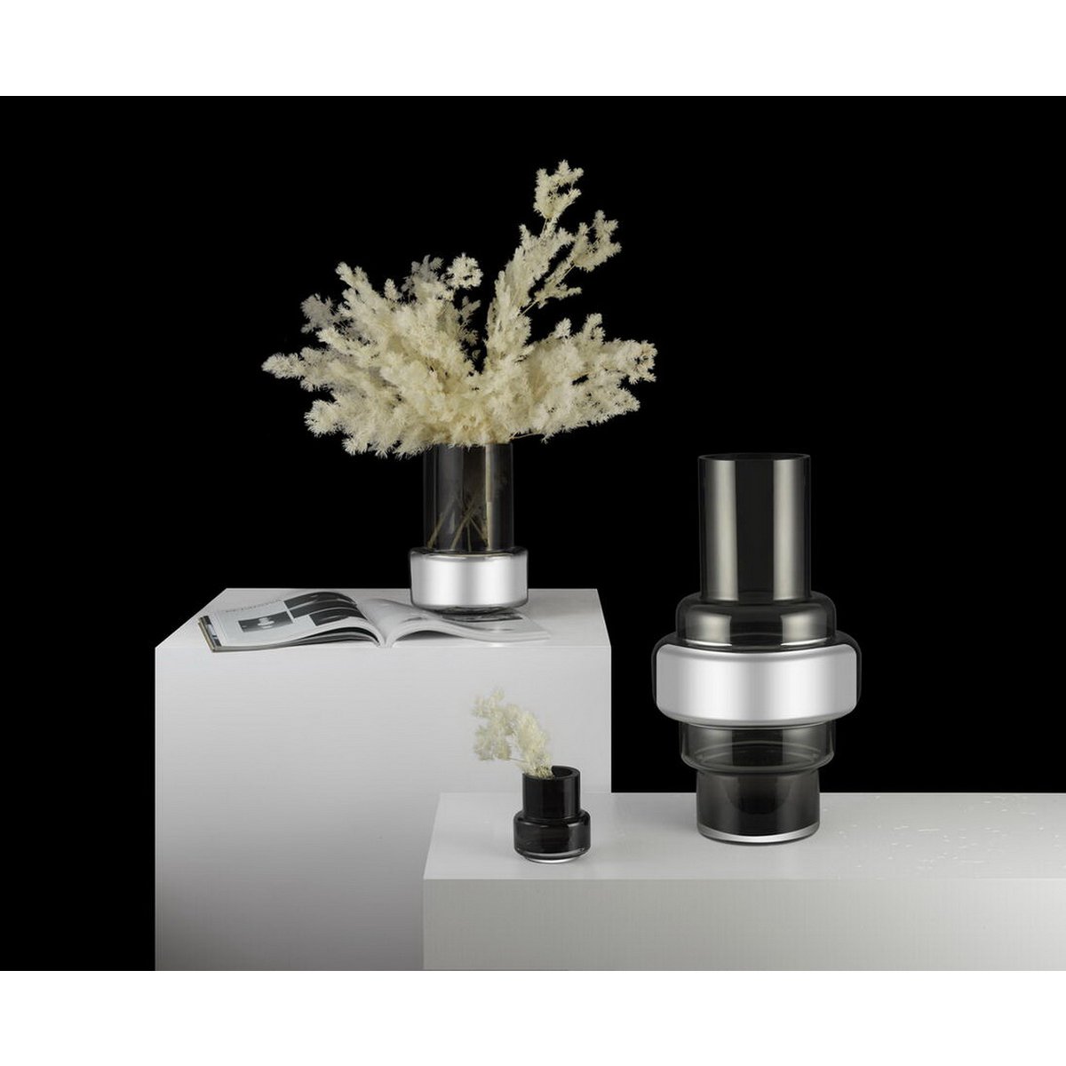 Verre de style rétro de luxe, vase gris + argent 24 carats XXL, TYLER 46SI, verre de 9 mm d'épaisseur