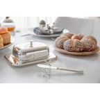 Beurrier EDZARD Mista 13x18 cm, H 8 cm, insert en verre, argenté, avec couteau à beurre EDZARD-SHOP.com