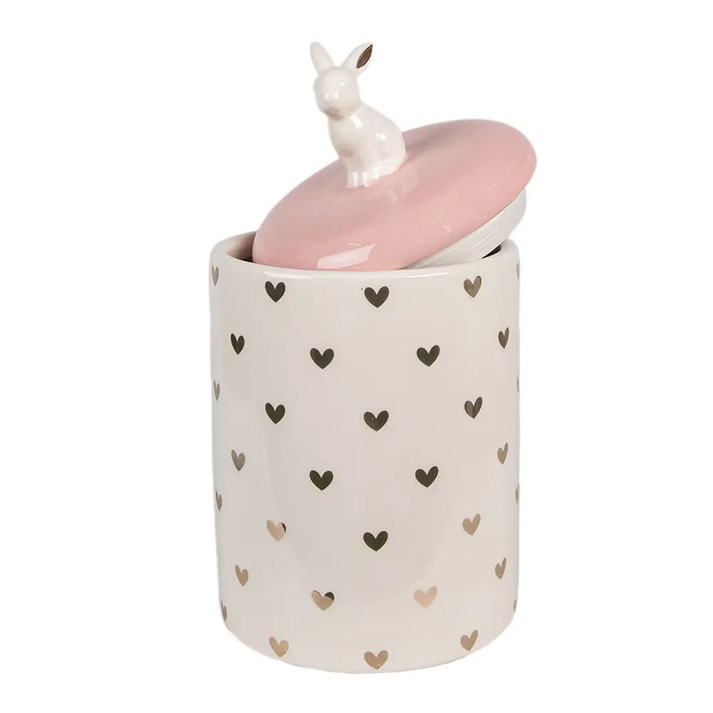 Bocal de stock lapin Ø 13x30 cm cm rose blanc cœurs de céramique couvercle bocal Clayre & Eef.