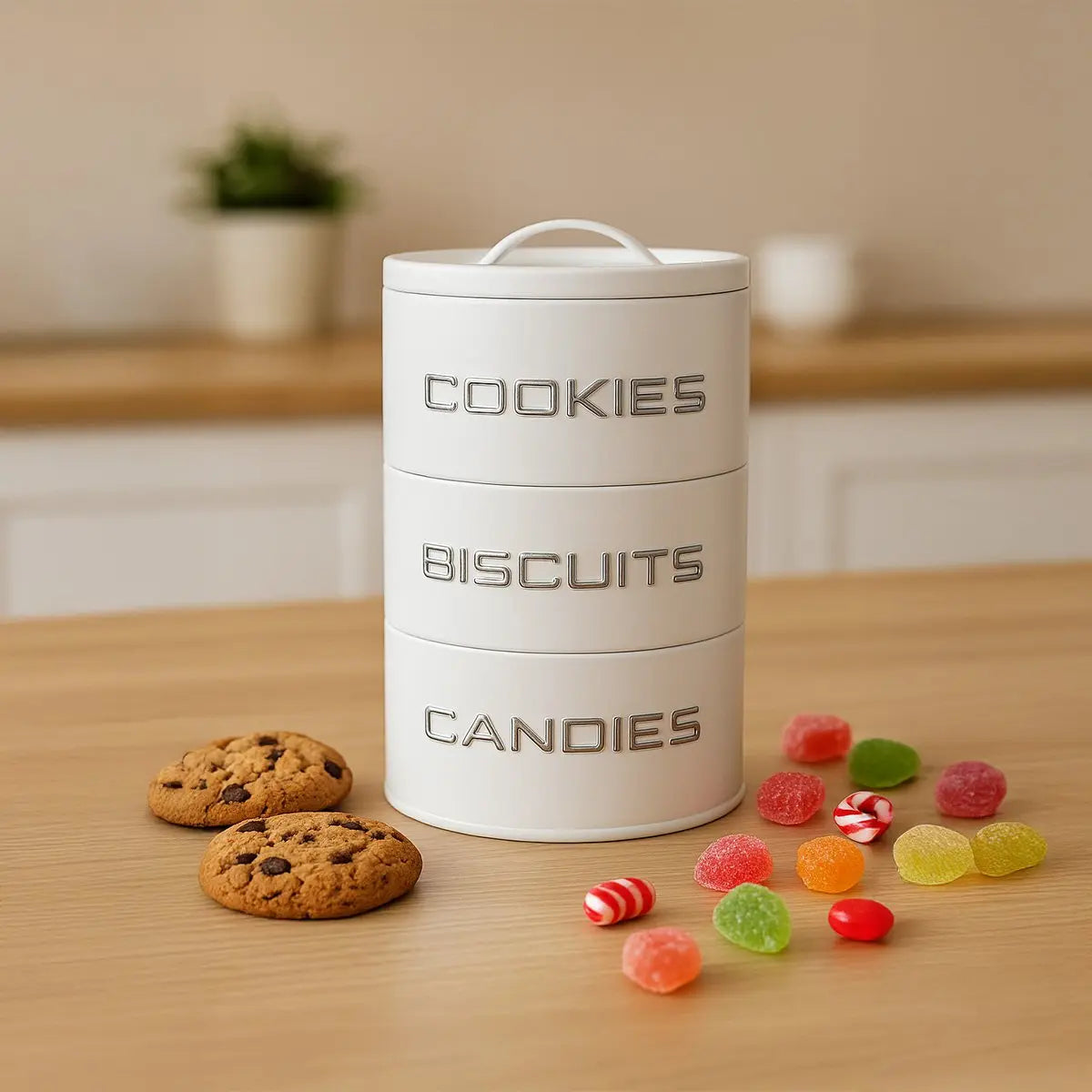 Boîte à gâteaux 3 compartiments blanche et argent 13.5x13.5x19.5cm AULICA