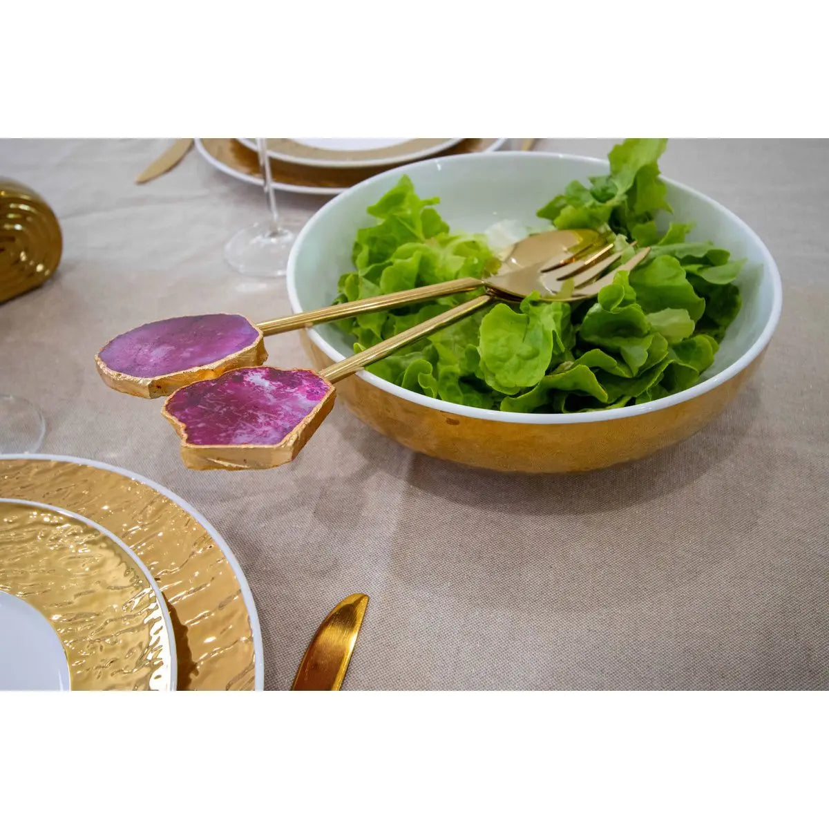 Couverts à salade doré pierre agate rose AULICA