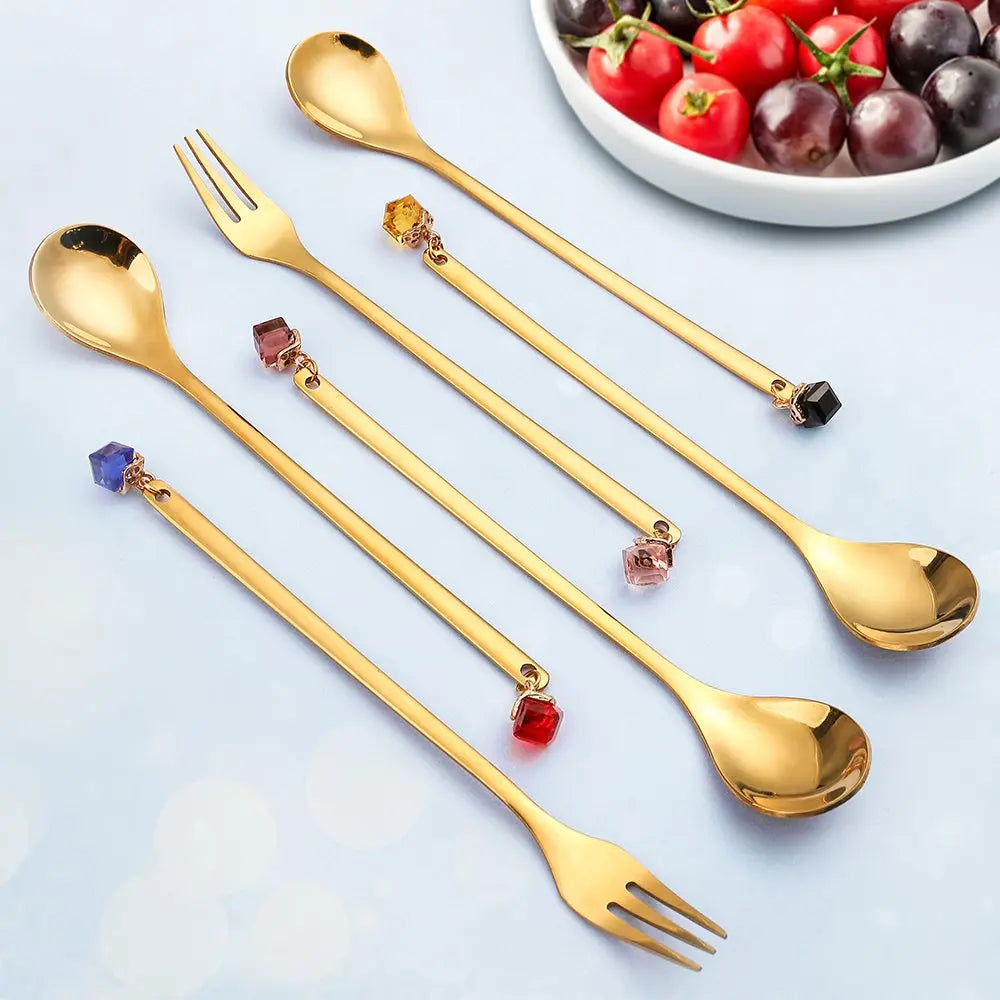 Cuillères dorées avec diamants multi couleurs - lot de 6 AULICA