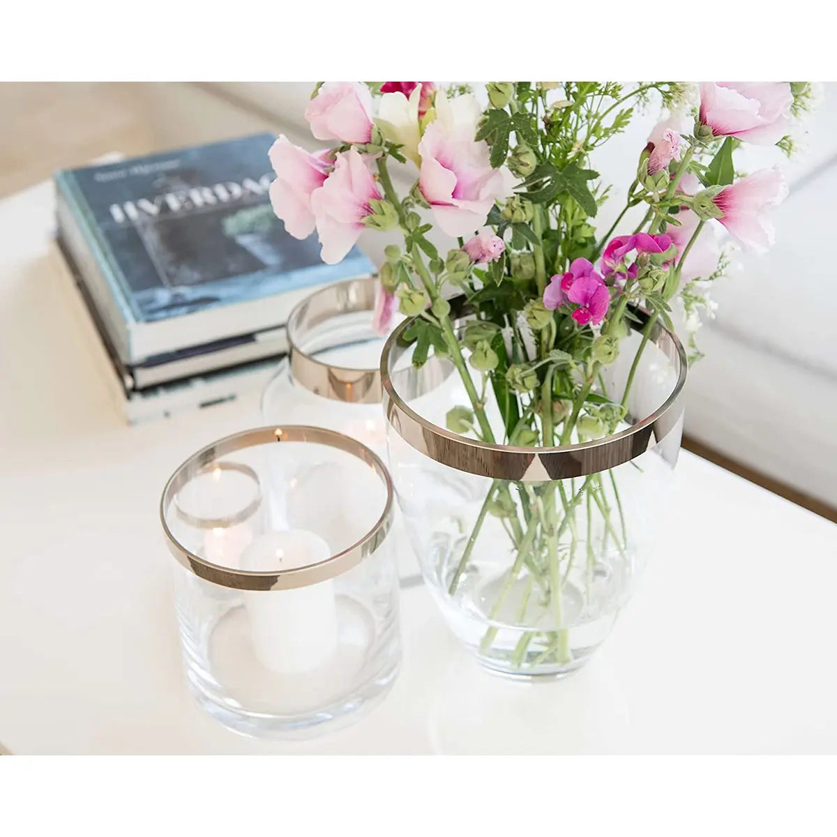 EDZARD Vase Charlotte, verre cristal soufflé à la bouche avec bord en platine, hauteur 16 cm, diamètre 12 cm EDZARD-SHOP.com