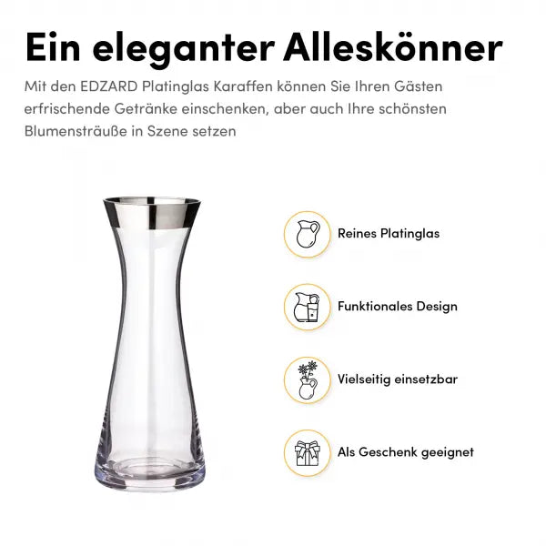 EDZARD carafe Hendrik, verre cristal soufflé à la bouche avec bord en platine, H 27 cm, ø 11 cm, capacité 0,8 litre EDZARD-SHOP.com