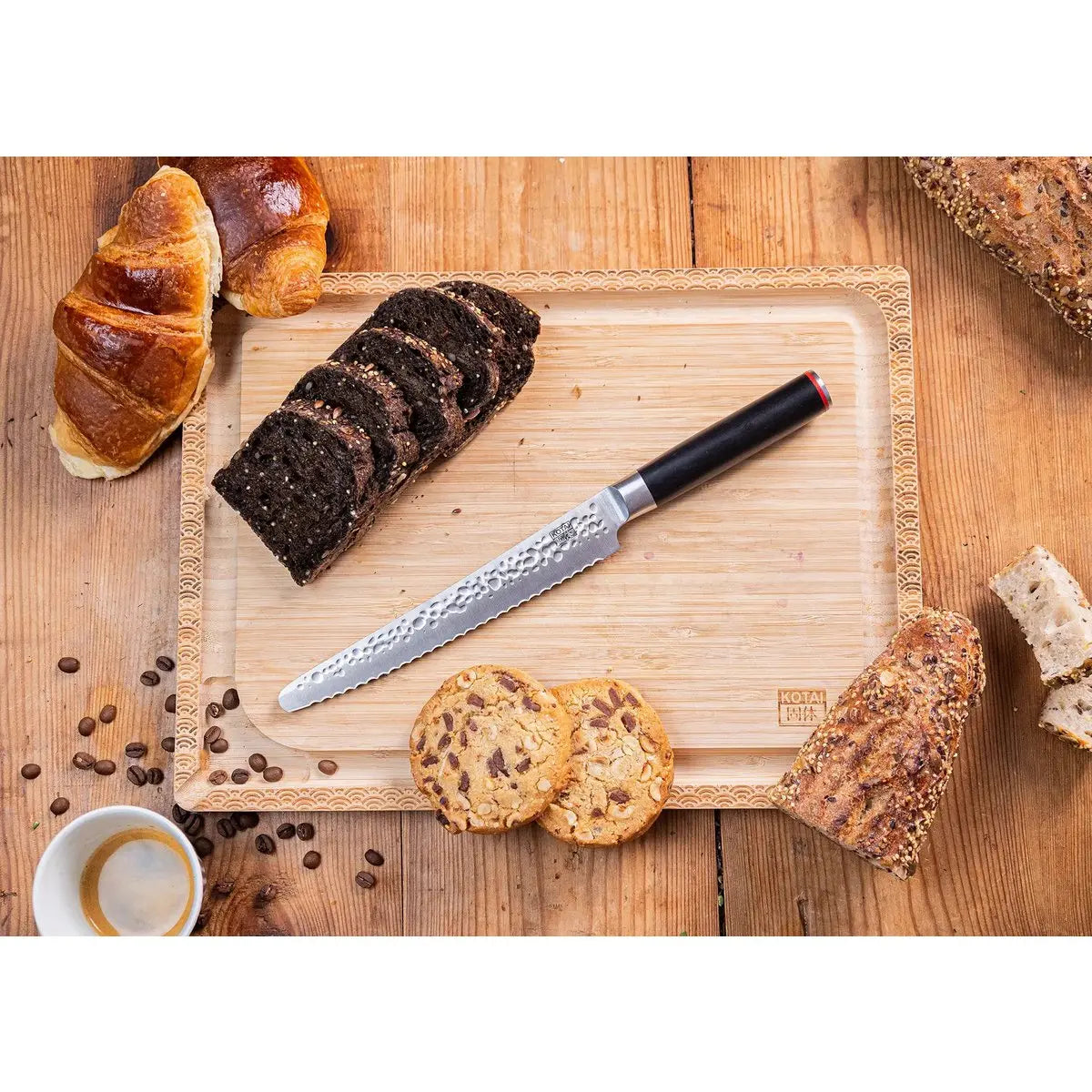 Knife - Serrated bread/pastry knife with bamboo Saya and bamboo box - 200 mm blade KOTAI kitchen