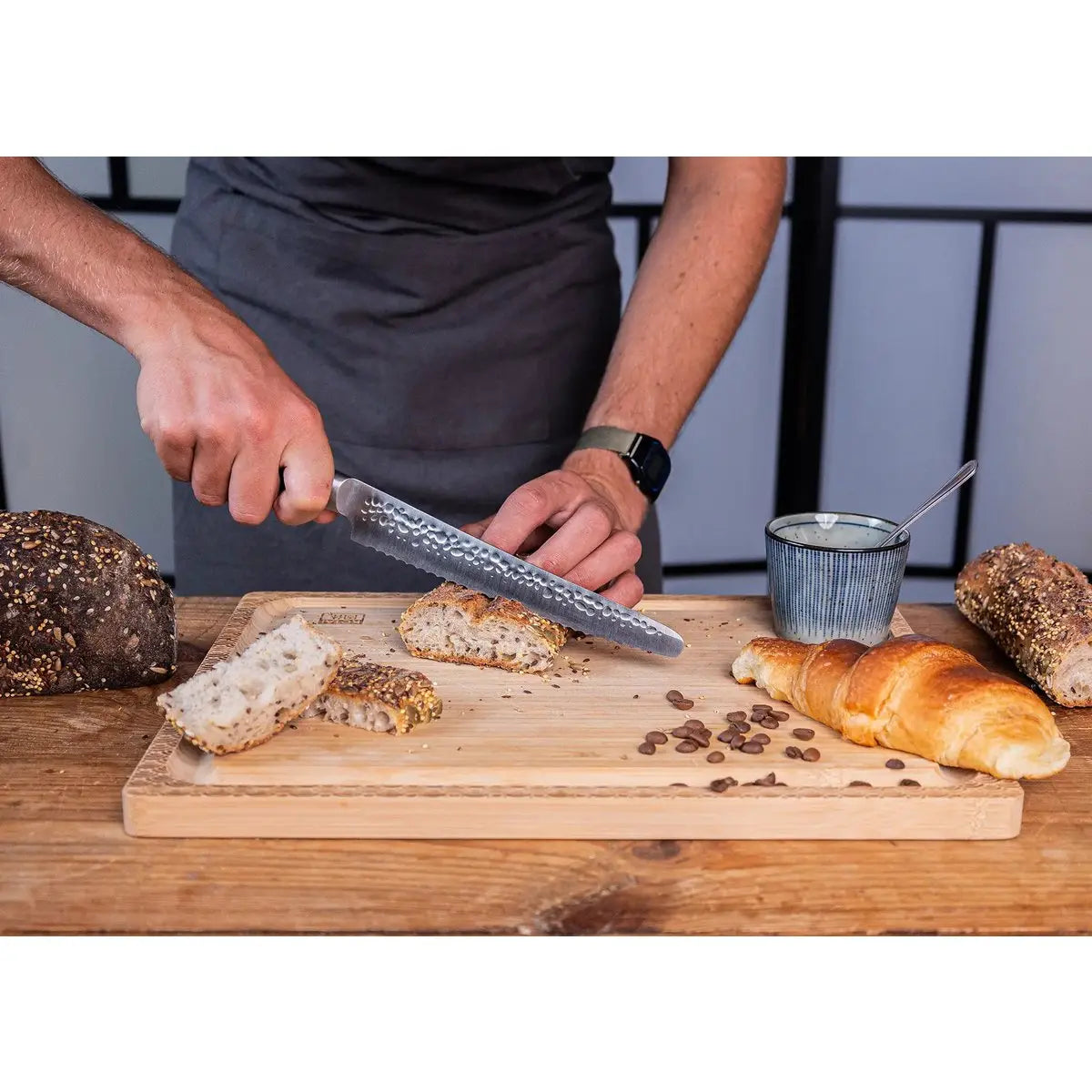 Knife - Serrated bread/pastry knife with bamboo Saya and bamboo box - 200 mm blade KOTAI kitchen