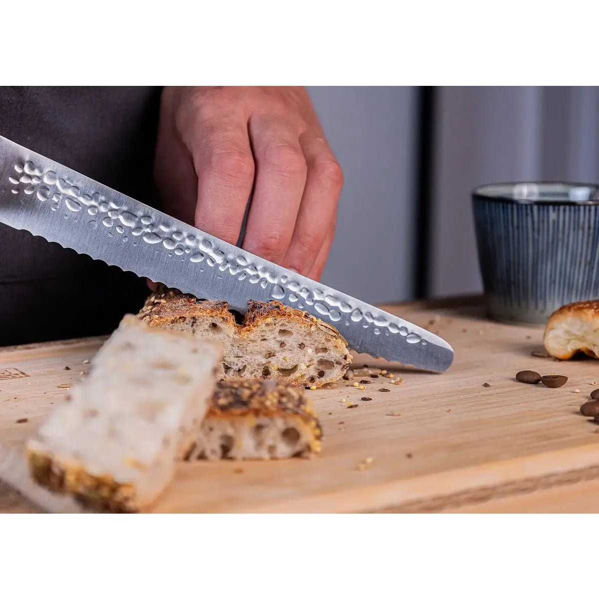 Knife - Serrated bread/pastry knife with bamboo Saya and bamboo box - 200 mm blade KOTAI kitchen