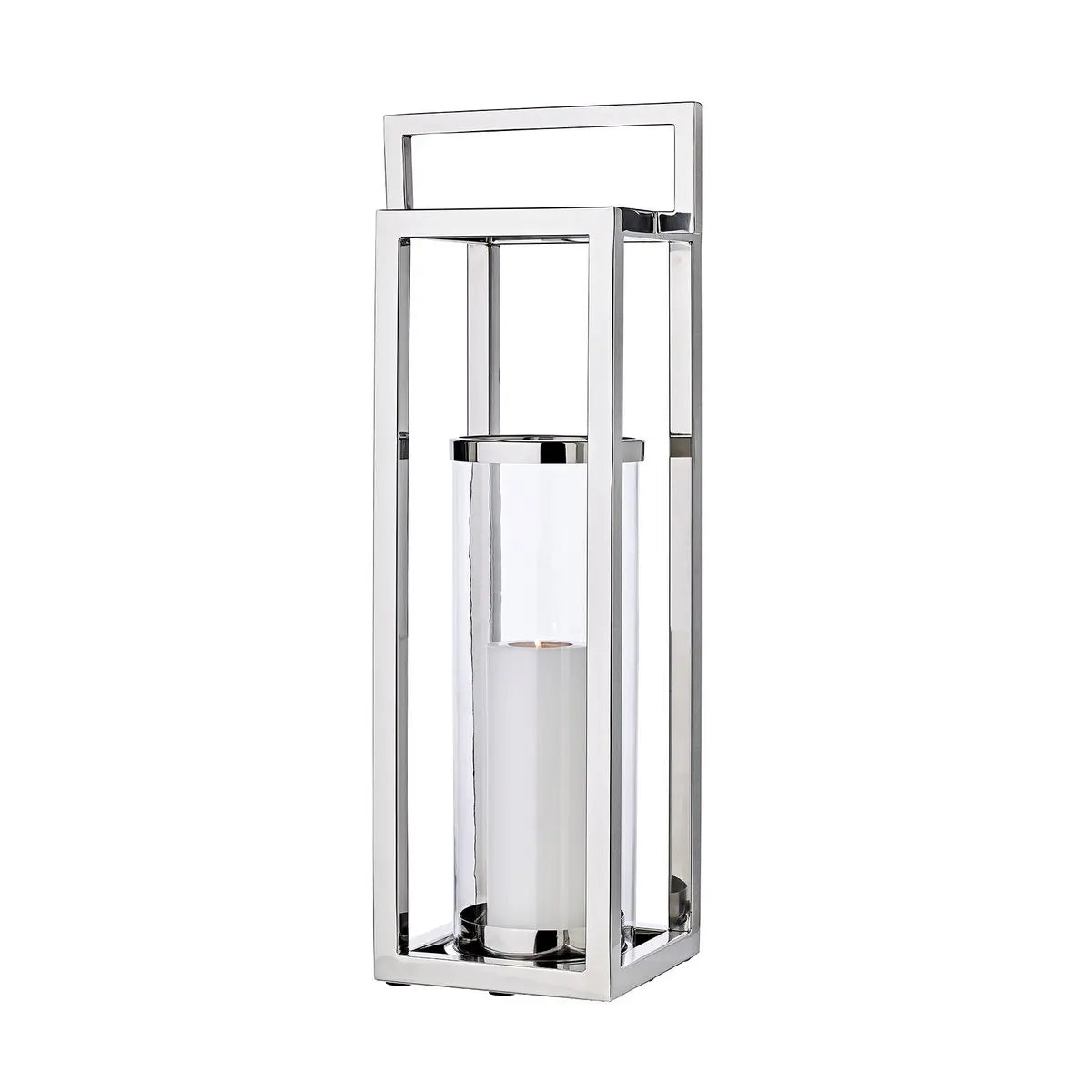 Lanterne EDZARD Manhattan avec poignée, acier inoxydable nickelé brillant, verre intérieur rond, hauteur 79 cm EDZARD-SHOP.com