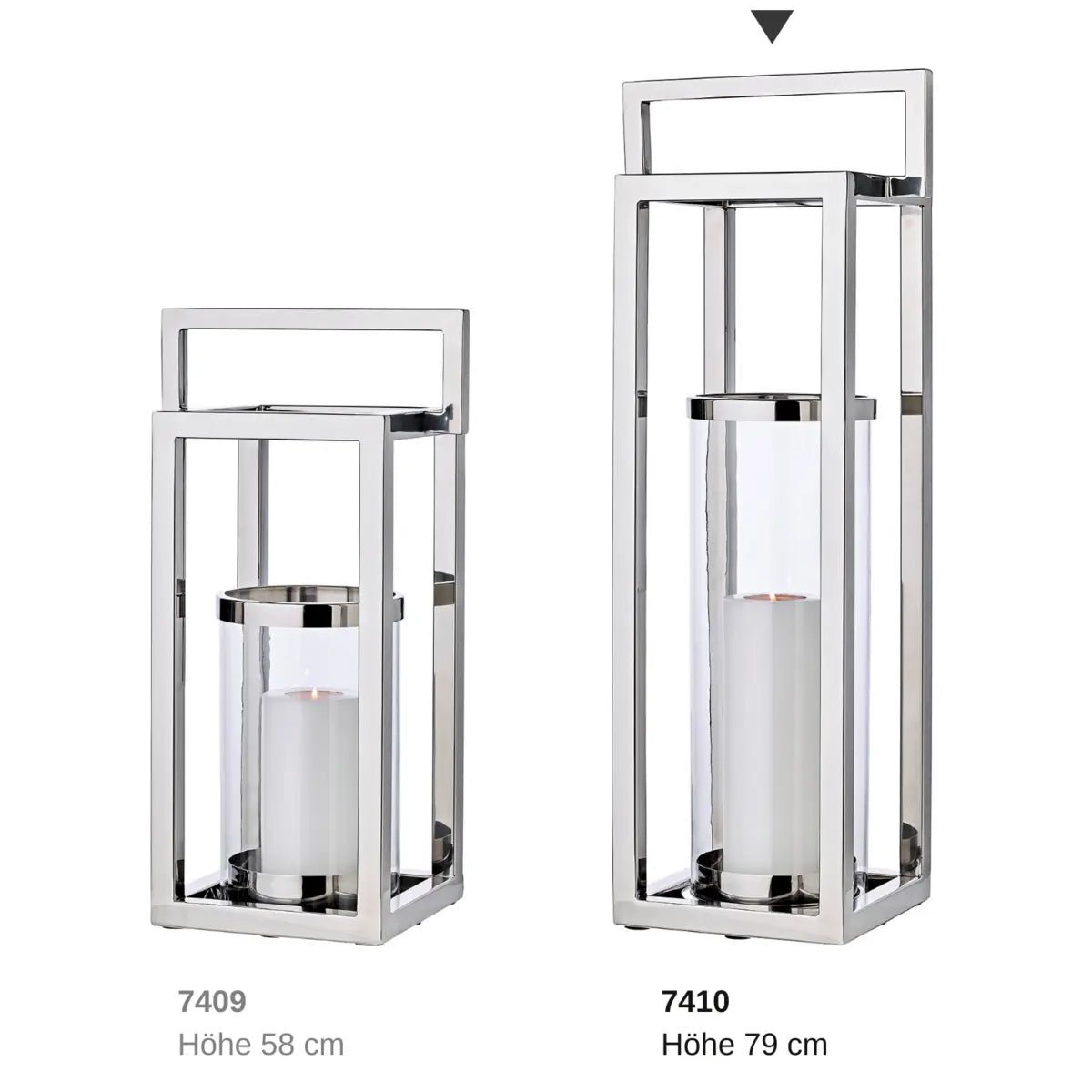 Lanterne EDZARD Manhattan avec poignée, acier inoxydable nickelé brillant, verre intérieur rond, hauteur 79 cm EDZARD-SHOP.com