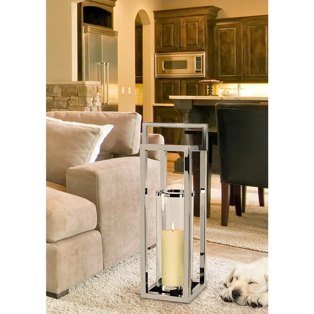 Lanterne EDZARD Manhattan avec poignée, acier inoxydable nickelé brillant, verre intérieur rond, hauteur 79 cm EDZARD-SHOP.com