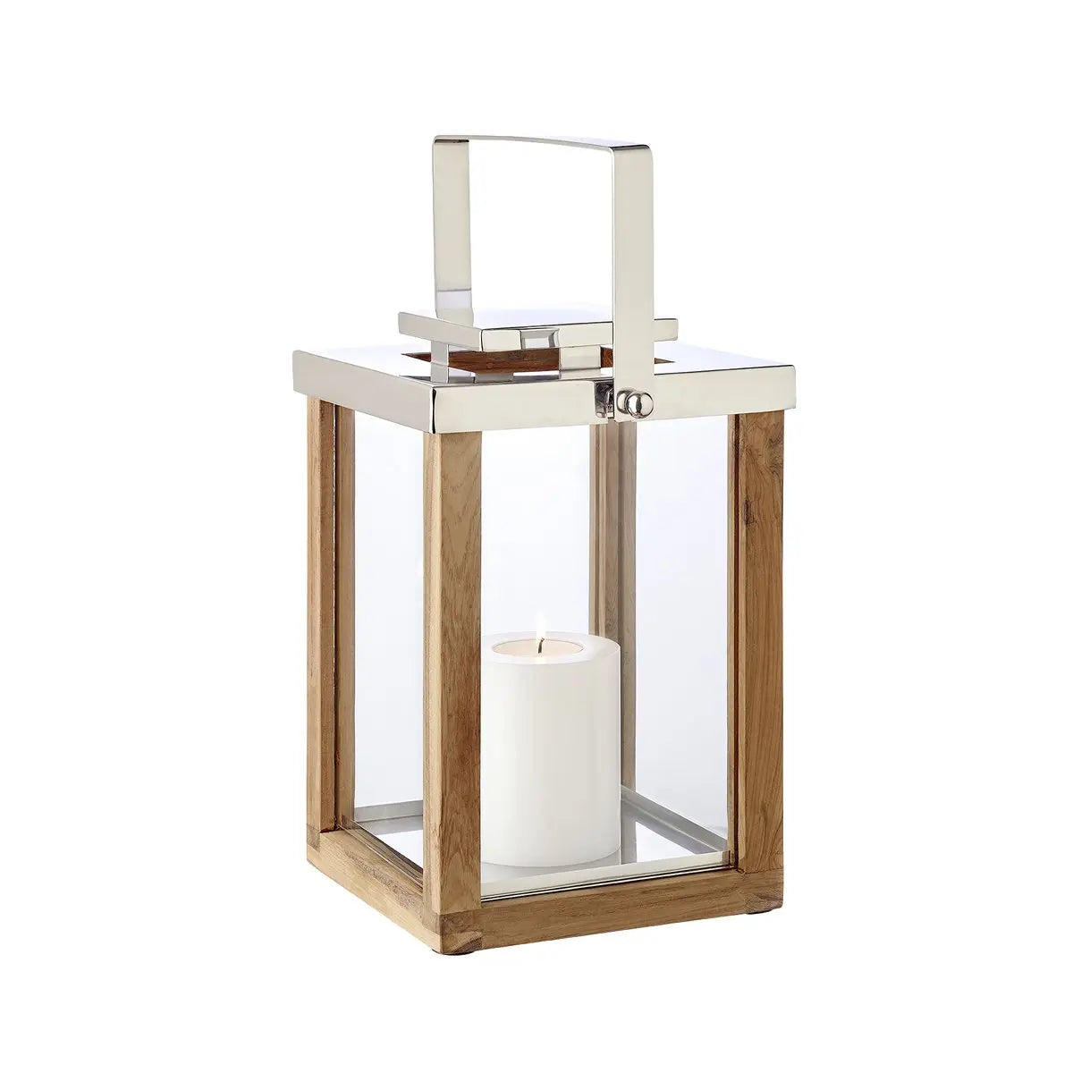 Lanterne EDZARD Miami avec manche rabattable, bois et inox nickelé brillant, hauteur 45,5 cm EDZARD-SHOP.com