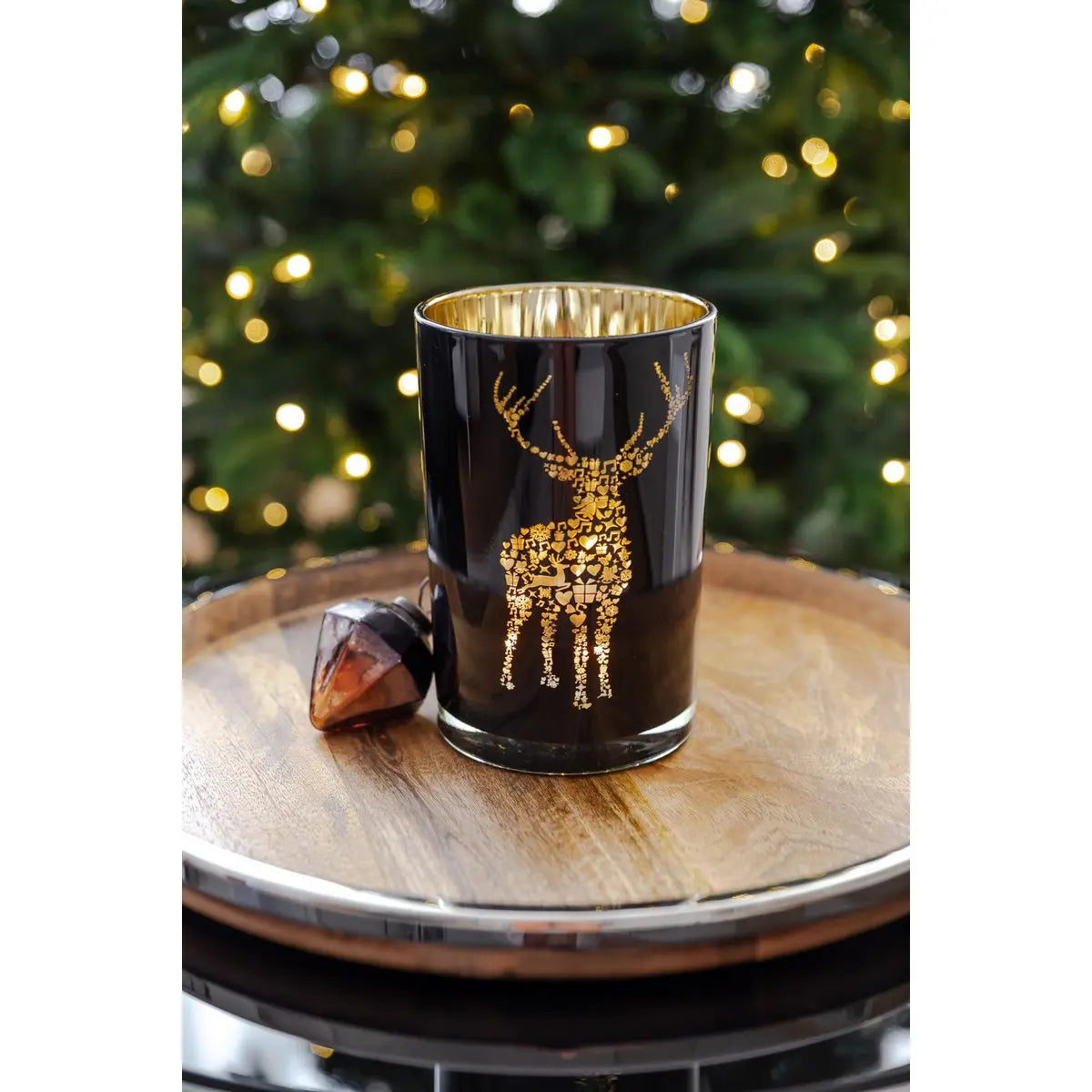 Lanterne Fancy (hauteur 18 cm, ø 12 cm), verre pour bougie chauffe-plat avec motif cerf, extérieur noir/intérieur doré EDZARD-SHOP.com