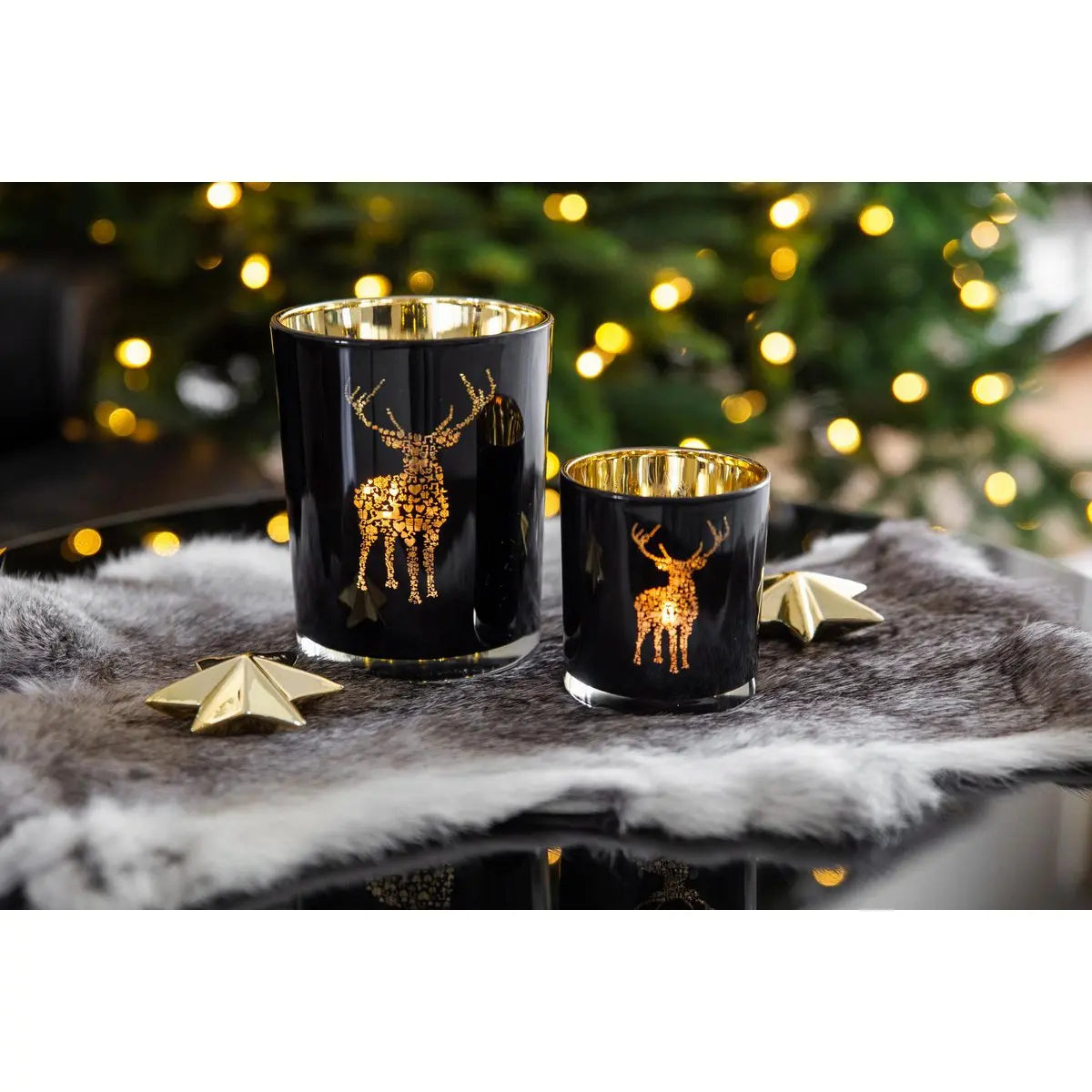 Lanterne Fancy (hauteur 18 cm, ø 12 cm), verre pour bougie chauffe-plat avec motif cerf, extérieur noir/intérieur doré EDZARD-SHOP.com