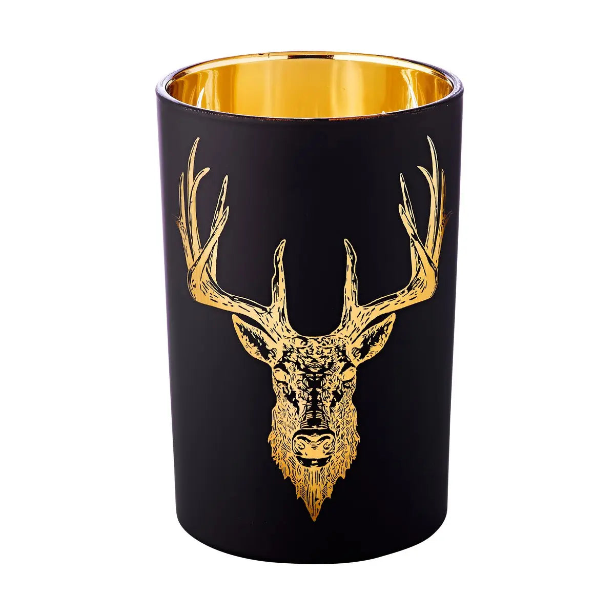 Lanterne Lio (hauteur 13 cm, Ø 10 cm), motif cerf, extérieur noir mat/intérieur doré EDZARD-SHOP.com