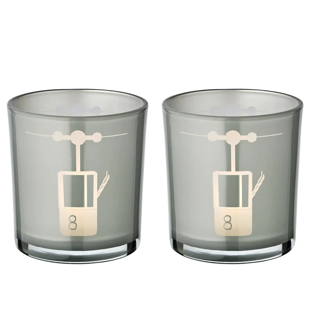 Lot de 2 bougies chauffe-plat en verre (hauteur 8 cm, ø 7,5 cm) en gris, lanterne avec motif sportif de remontées mécaniques EDZARD-SHOP.com