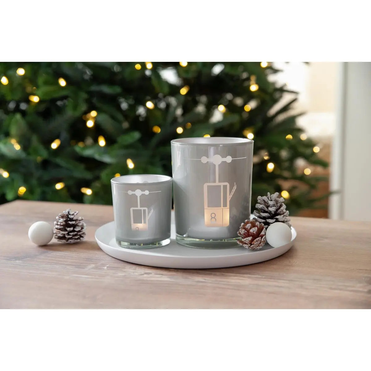 Lot de 2 bougies chauffe-plat en verre (hauteur 8 cm, ø 7,5 cm) en gris, lanterne avec motif sportif de remontées mécaniques EDZARD-SHOP.com