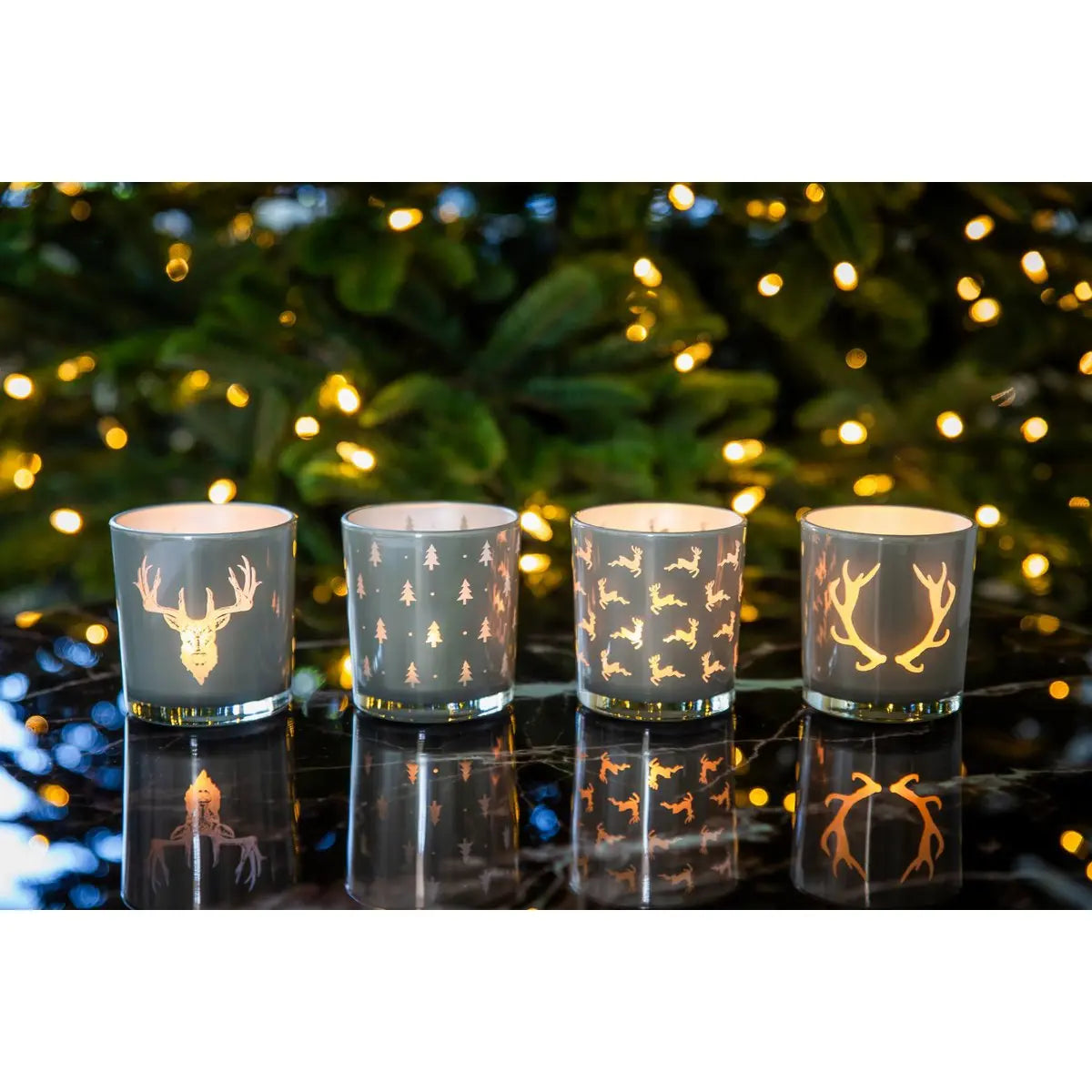 Lot de 2 verres à bougie Hiti (hauteur 8 cm, ø 7 cm), gris, lanterne avec motif rennes EDZARD-SHOP.com