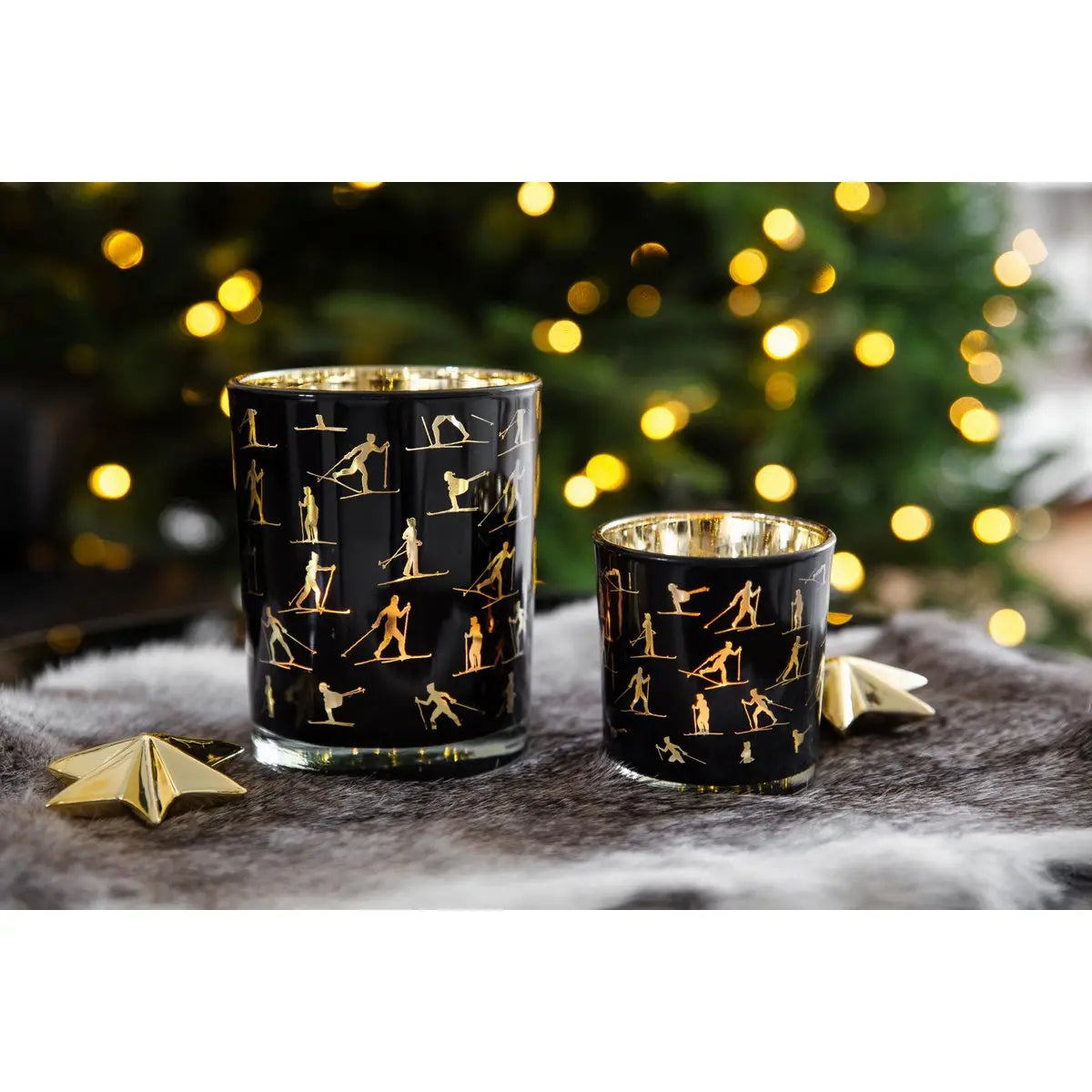 Lot de 2 verres à bougie Monty (hauteur 8 cm, ø 7,5 cm), lanterne avec motif ski, or/noir EDZARD-SHOP.com