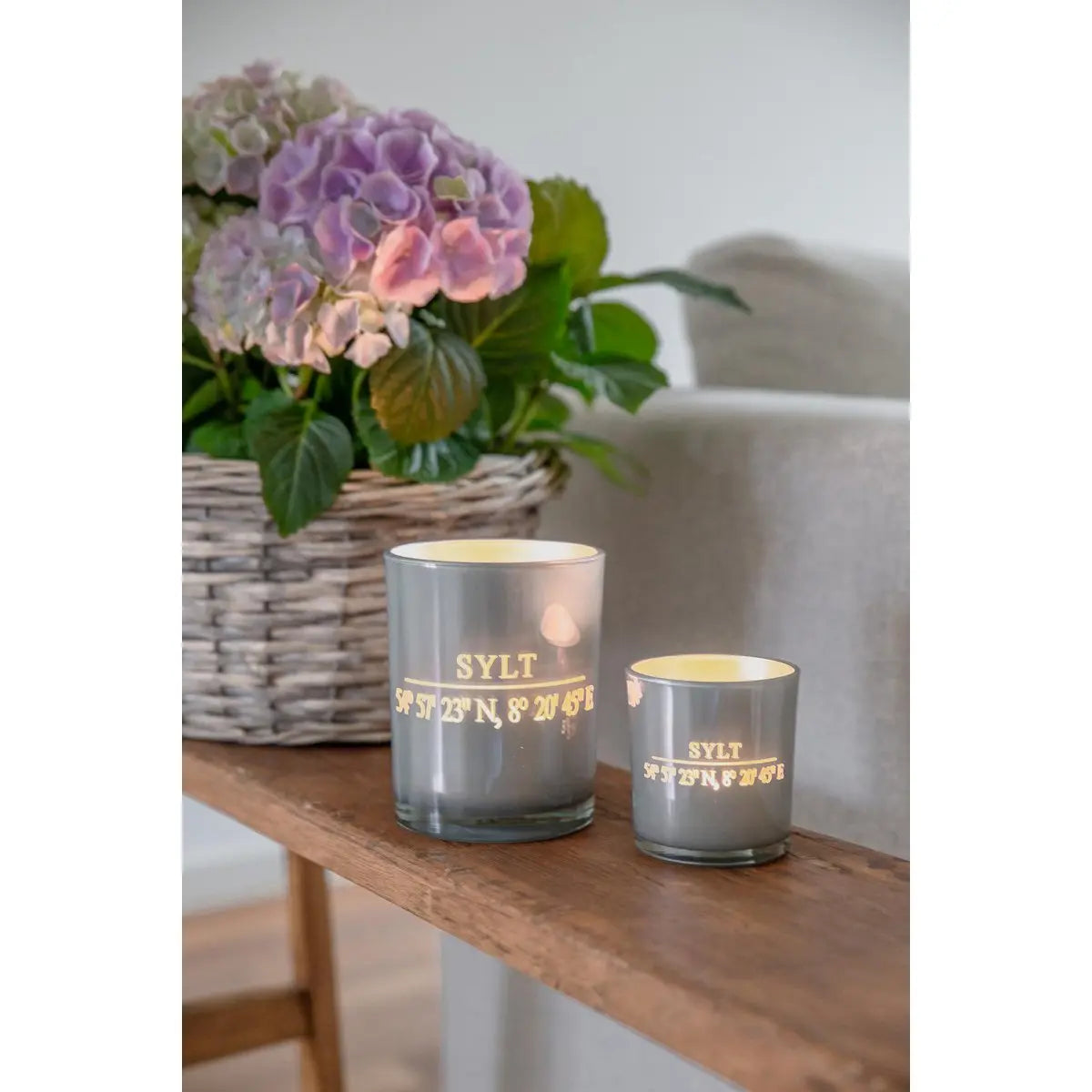 Lot de 2 verres à bougie Sylt (hauteur 8 cm, ø 7,5 cm) en gris, lanterne élégante aux coordonnées Sylt EDZARD-SHOP.com
