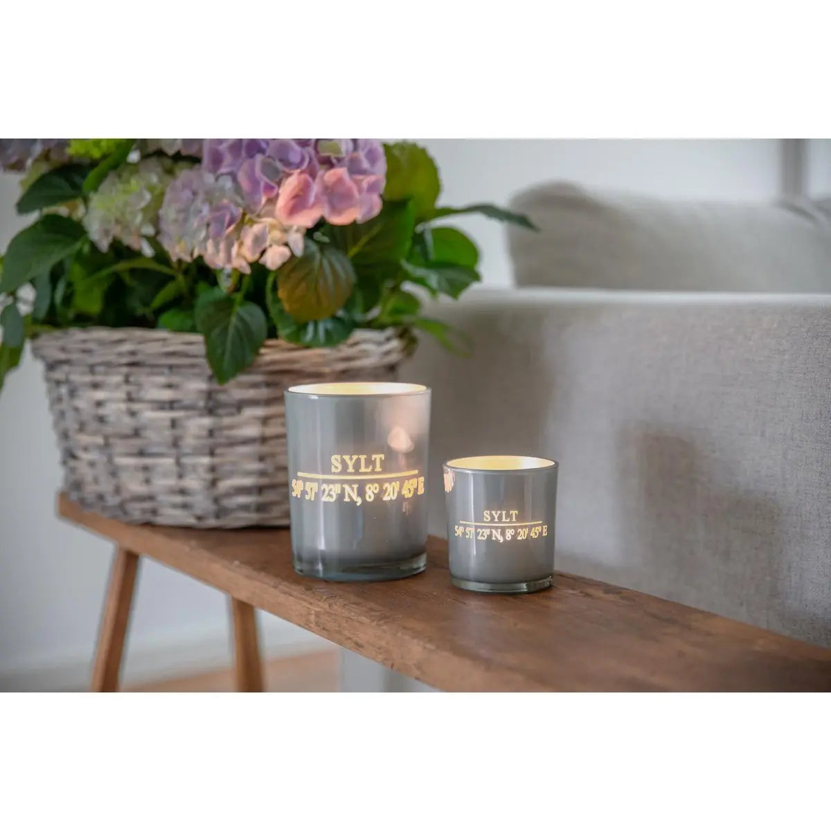 Lot de 2 verres à bougie Sylt (hauteur 8 cm, ø 7,5 cm) en gris, lanterne élégante aux coordonnées Sylt EDZARD-SHOP.com