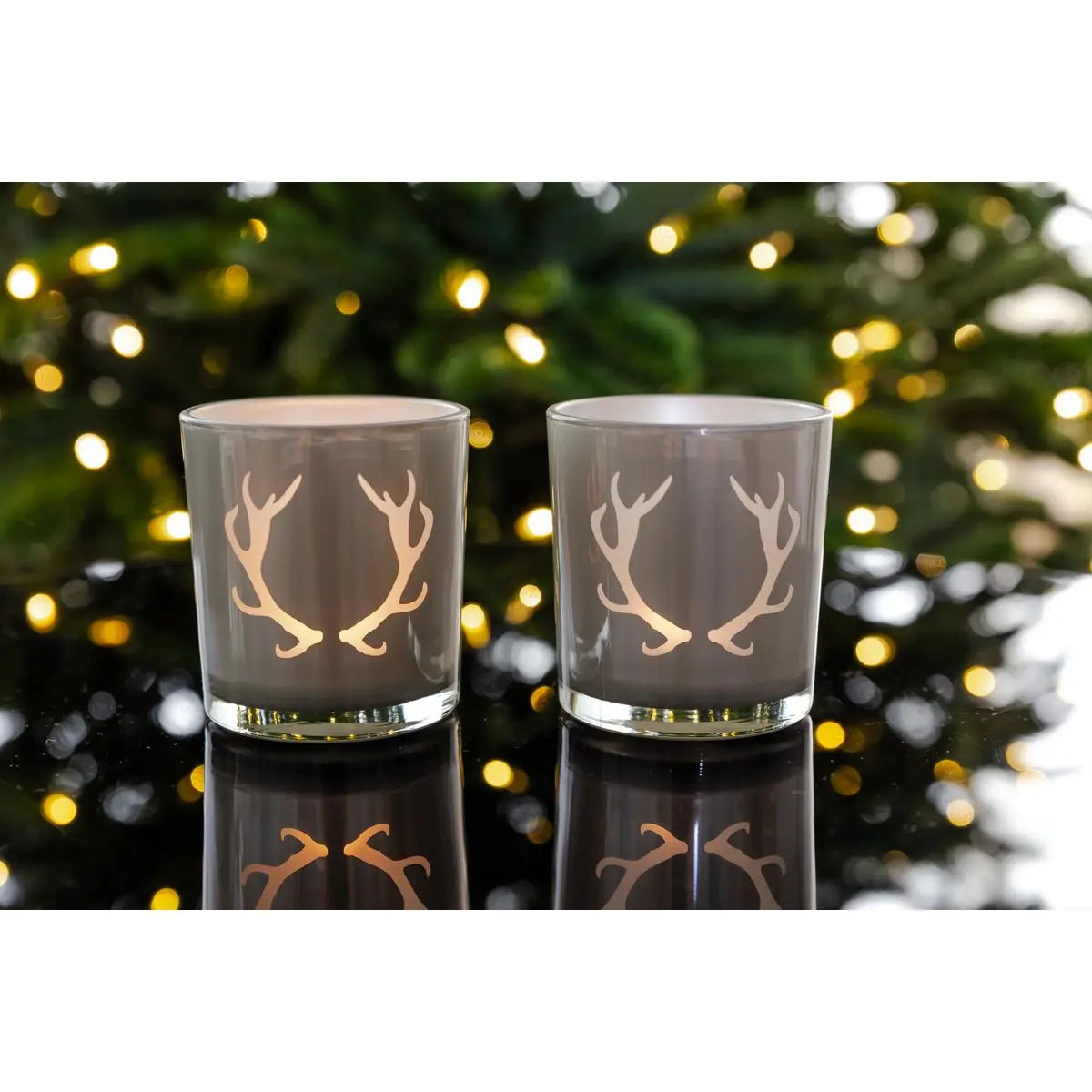 Lot de 2 verres à bougies chauffe-plat Ati (hauteur 8 cm, Ø 7 cm), gris, lanterne avec motif bois de cerf EDZARD-SHOP.com