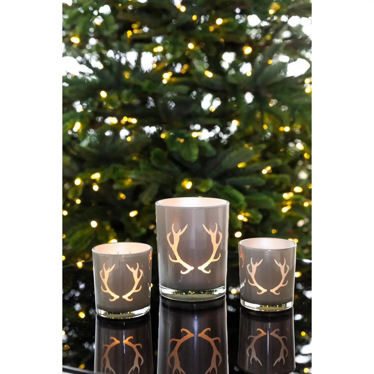 Lot de 2 verres à bougies chauffe-plat Ati (hauteur 8 cm, Ø 7 cm), gris, lanterne avec motif bois de cerf EDZARD-SHOP.com