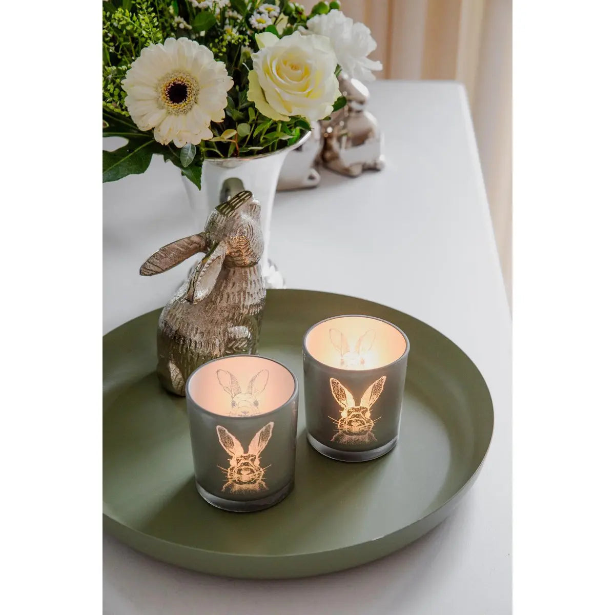 Lot de 2 verres à réchaud lapin (hauteur 8 cm, ø 7,5 cm), en gris, lanterne porte-bougie avec motif lapin EDZARD-SHOP.com