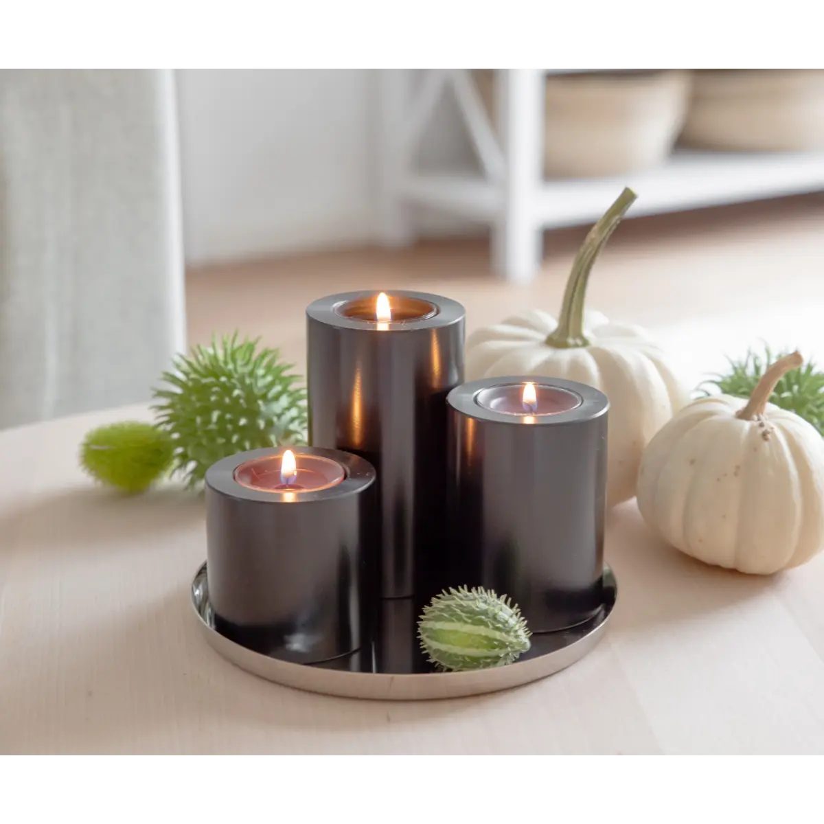 Lot de 3 bougies permanentes Cornelius (Ø 6cm, hauteurs 6/8/10 cm) noir, photophore résistant à la chaleur 90° EDZARD-SHOP.com