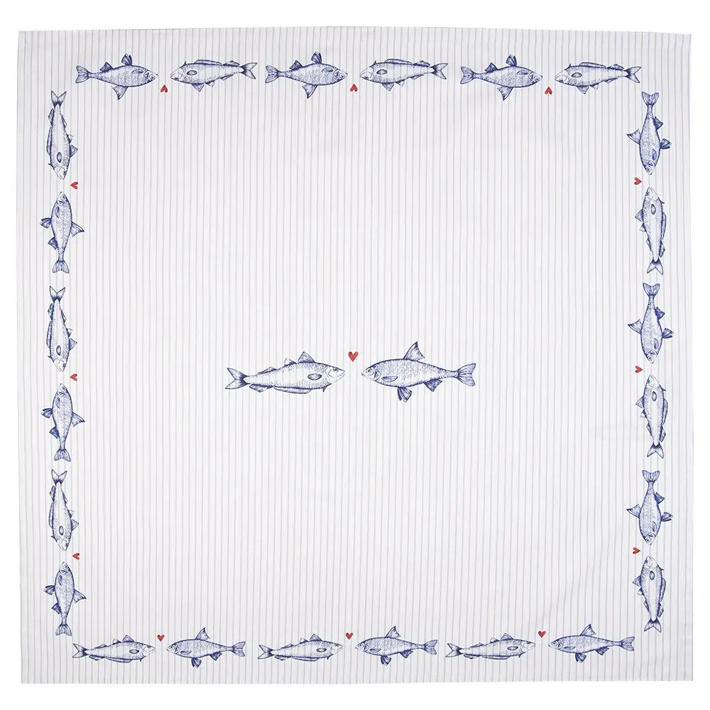 Nappe 100x100 cm Nappe Poisson en Coton Blanc Bleu Clayre & Eef.