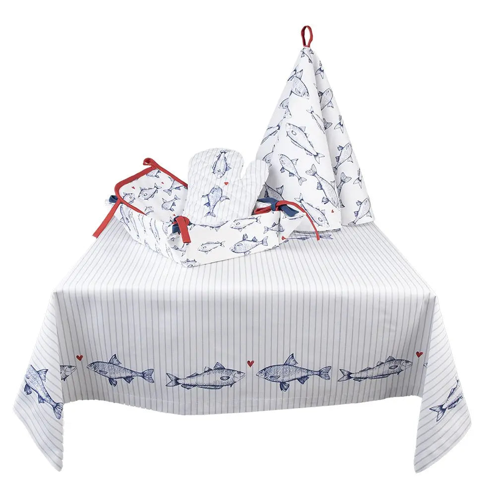 Nappe 100x100 cm Nappe Poisson en Coton Blanc Bleu Clayre & Eef.