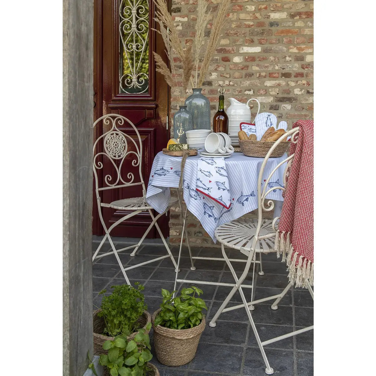 Nappe 100x100 cm Nappe Poisson en Coton Blanc Bleu Clayre & Eef.