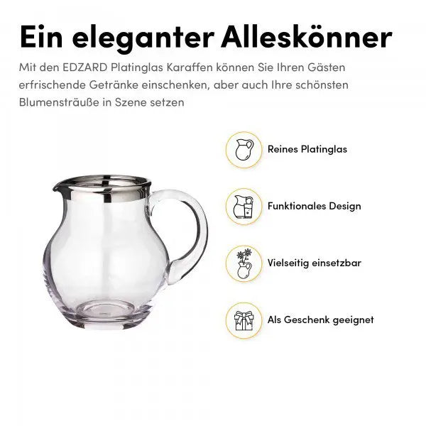 Pichet EDZARD Olivia, verre cristal soufflé à la bouche avec rebord en platine, hauteur 16 cm, capacité 1,0 litre EDZARD-SHOP.com
