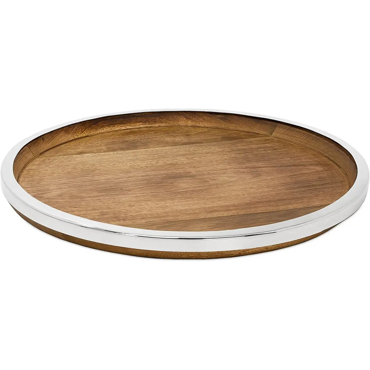 Plateau de service EDZARD Cincinnati, bois de manguier et acier inoxydable, nickelé brillant, diamètre 40 cm EDZARD-SHOP.com