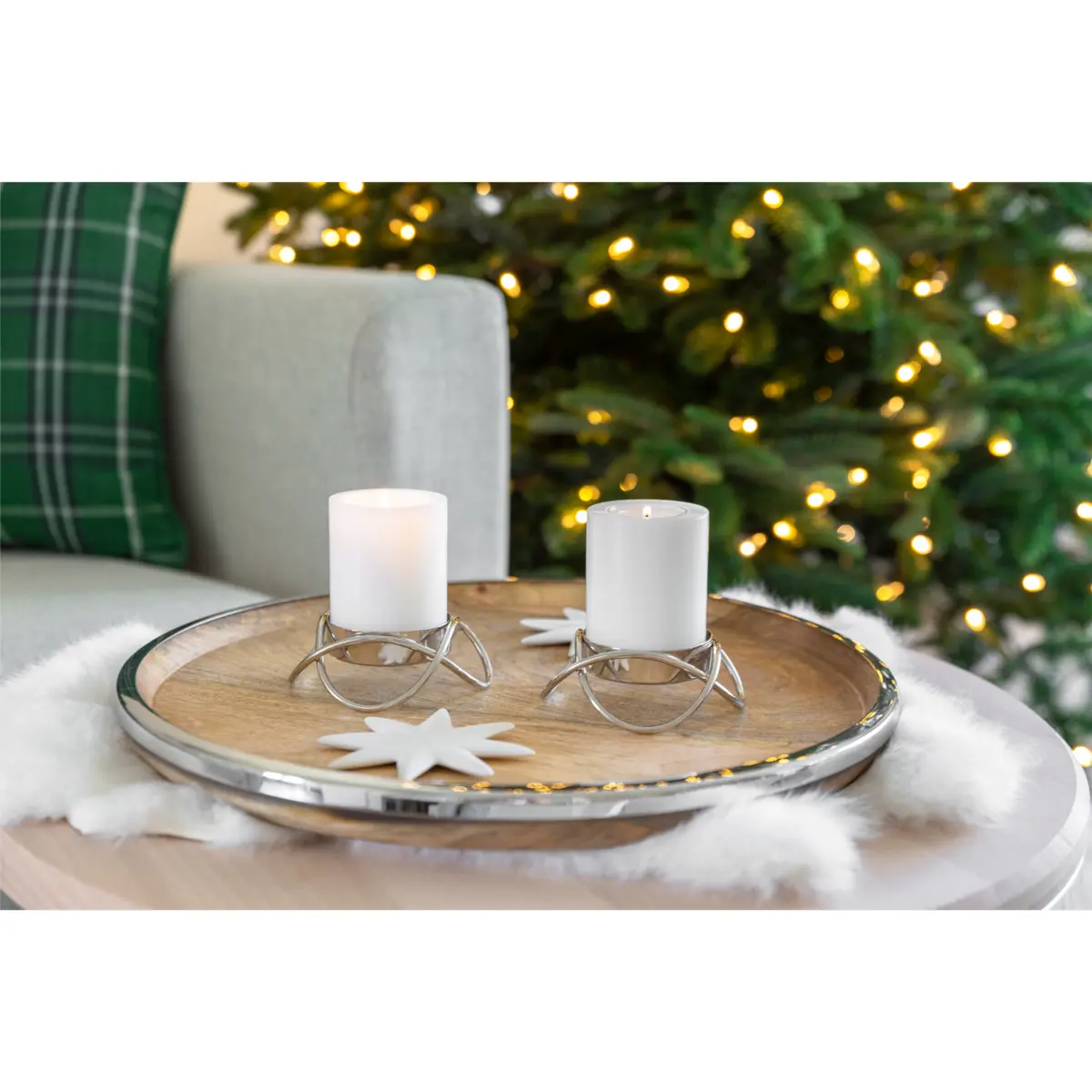 Plateau de service EDZARD Cincinnati, bois de manguier et acier inoxydable, nickelé brillant, diamètre 40 cm EDZARD-SHOP.com