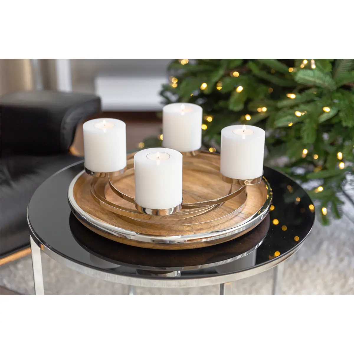 Plateau de service EDZARD Cincinnati, bois de manguier et acier inoxydable, nickelé brillant, diamètre 40 cm EDZARD-SHOP.com