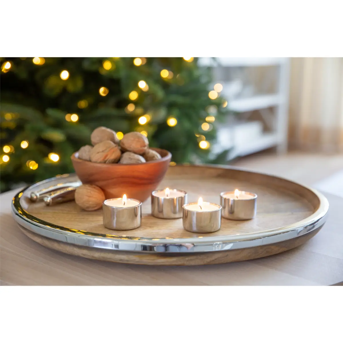 Plateau de service EDZARD Cincinnati, bois de manguier et acier inoxydable, nickelé brillant, diamètre 40 cm EDZARD-SHOP.com