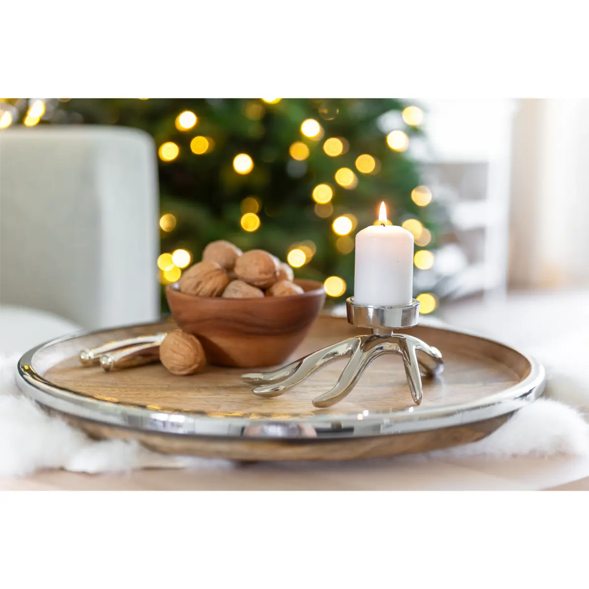 Plateau de service EDZARD Cincinnati, bois de manguier et acier inoxydable, nickelé brillant, diamètre 40 cm EDZARD-SHOP.com
