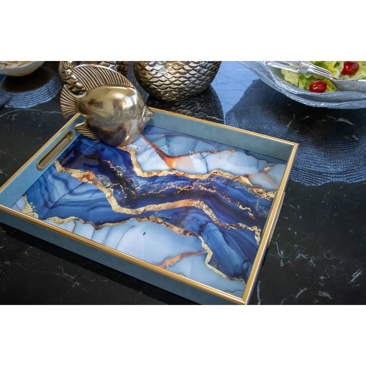 Plateau rectangulaire bleu aquarelle 40x30x4.5cm AULICA