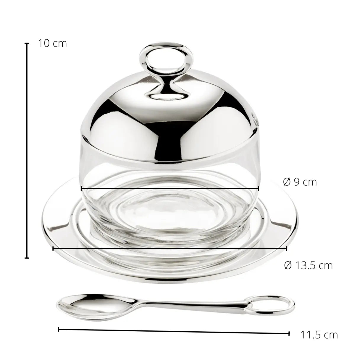 Pot à confiture EDZARD Jago avec soucoupe et cuillère, métal argenté, hauteur 10 cm, ø 14 cm, verre ø 10 cm EDZARD-SHOP.com