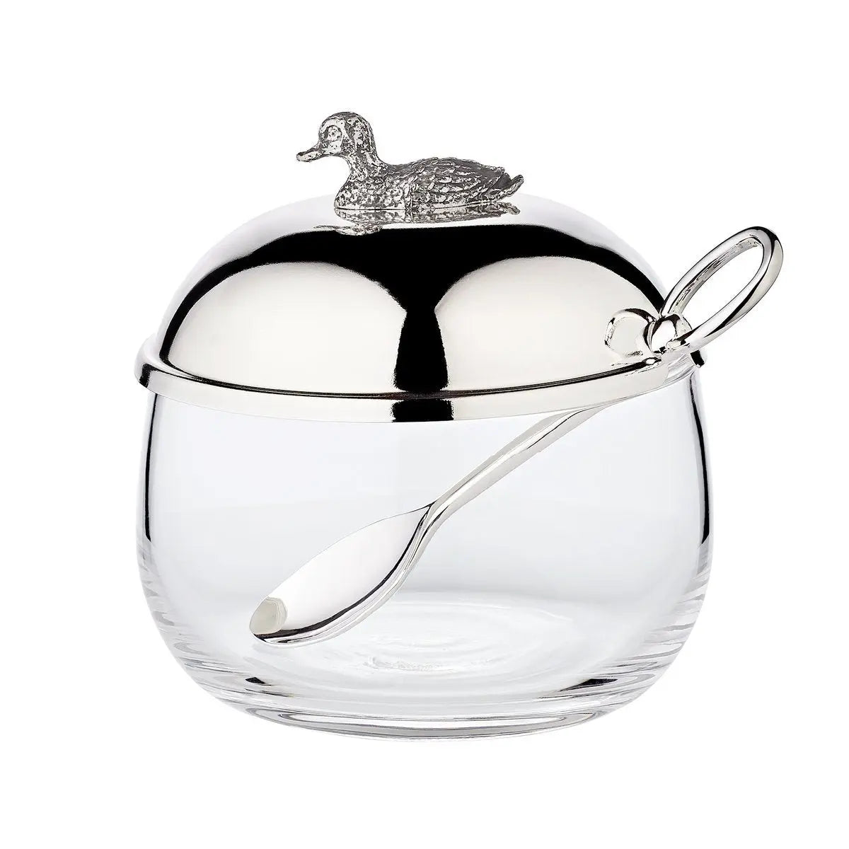 Pot à confiture EDZARD canard avec cuillère, noble argenté, hauteur 10 cm, diamètre 10 cm EDZARD-SHOP.com