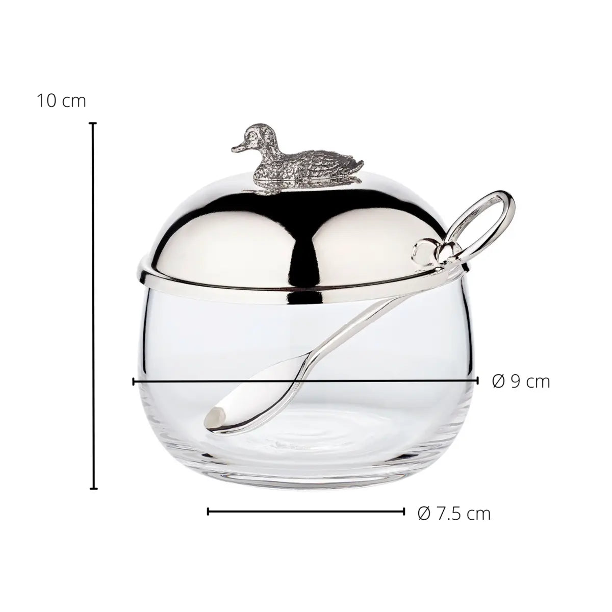 Pot à confiture EDZARD canard avec cuillère, noble argenté, hauteur 10 cm, diamètre 10 cm EDZARD-SHOP.com