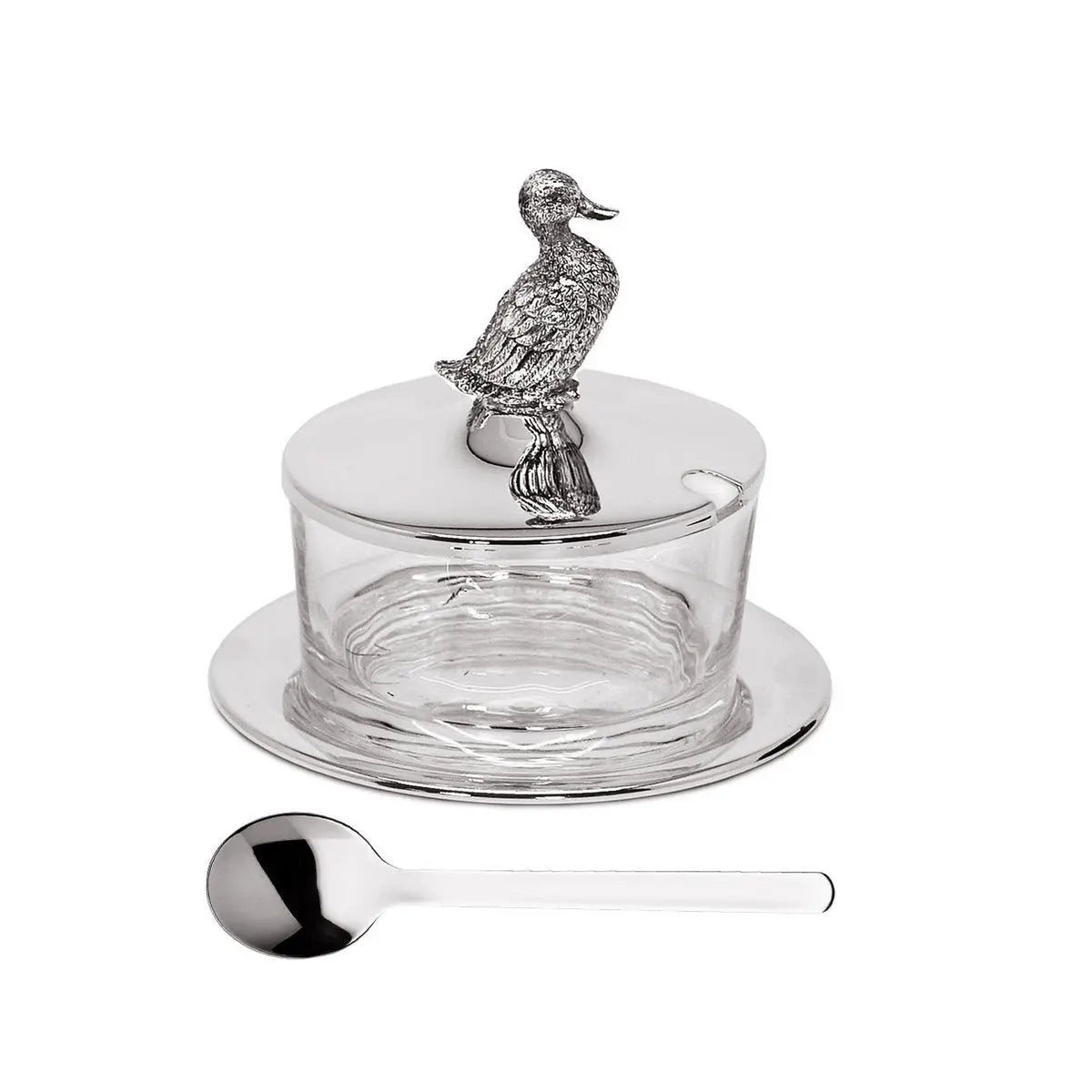 Pot à confiture EDZARD canard avec soucoupe et cuillère, métal argenté, hauteur 12 cm, ø 14 cm, ø verre 9 cm EDZARD-SHOP.com