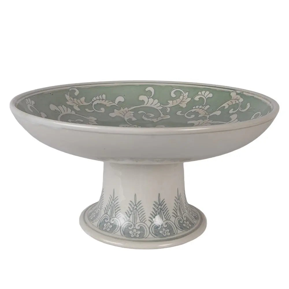 Présentoir à gâteau sur pied Ø 32x15 cm Blanc Vert Porcelaine Clayre & Eef.