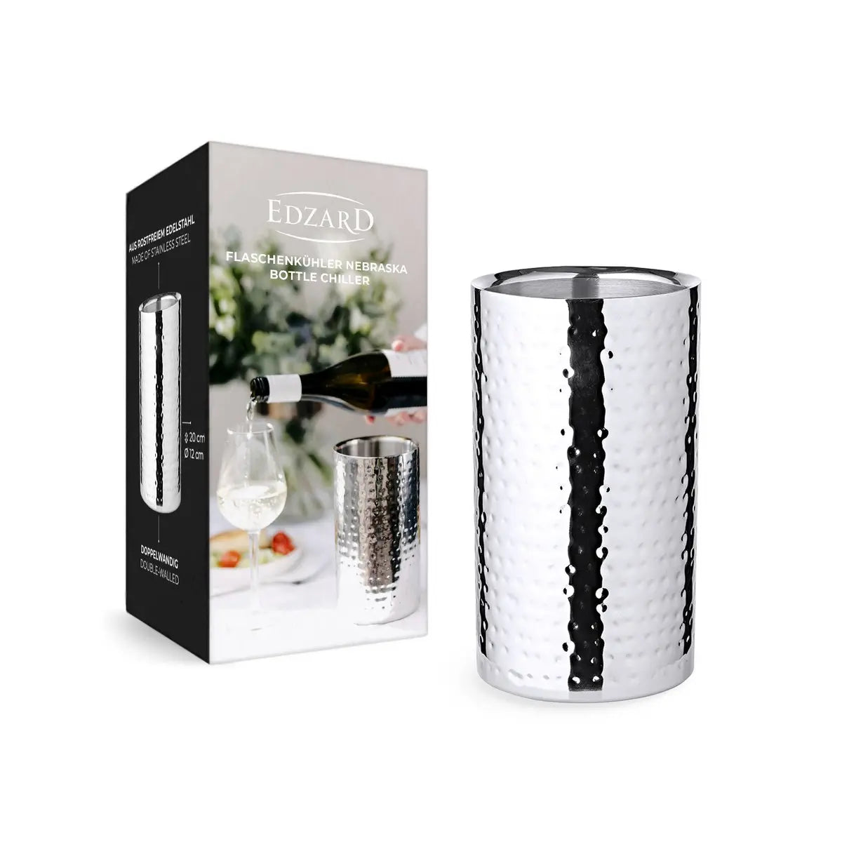 Refroidisseur de bouteilles EDZARD Nebraska, acier inoxydable martelé, poli, double paroi, hauteur 20 cm, ø 12 cm EDZARD-SHOP.com